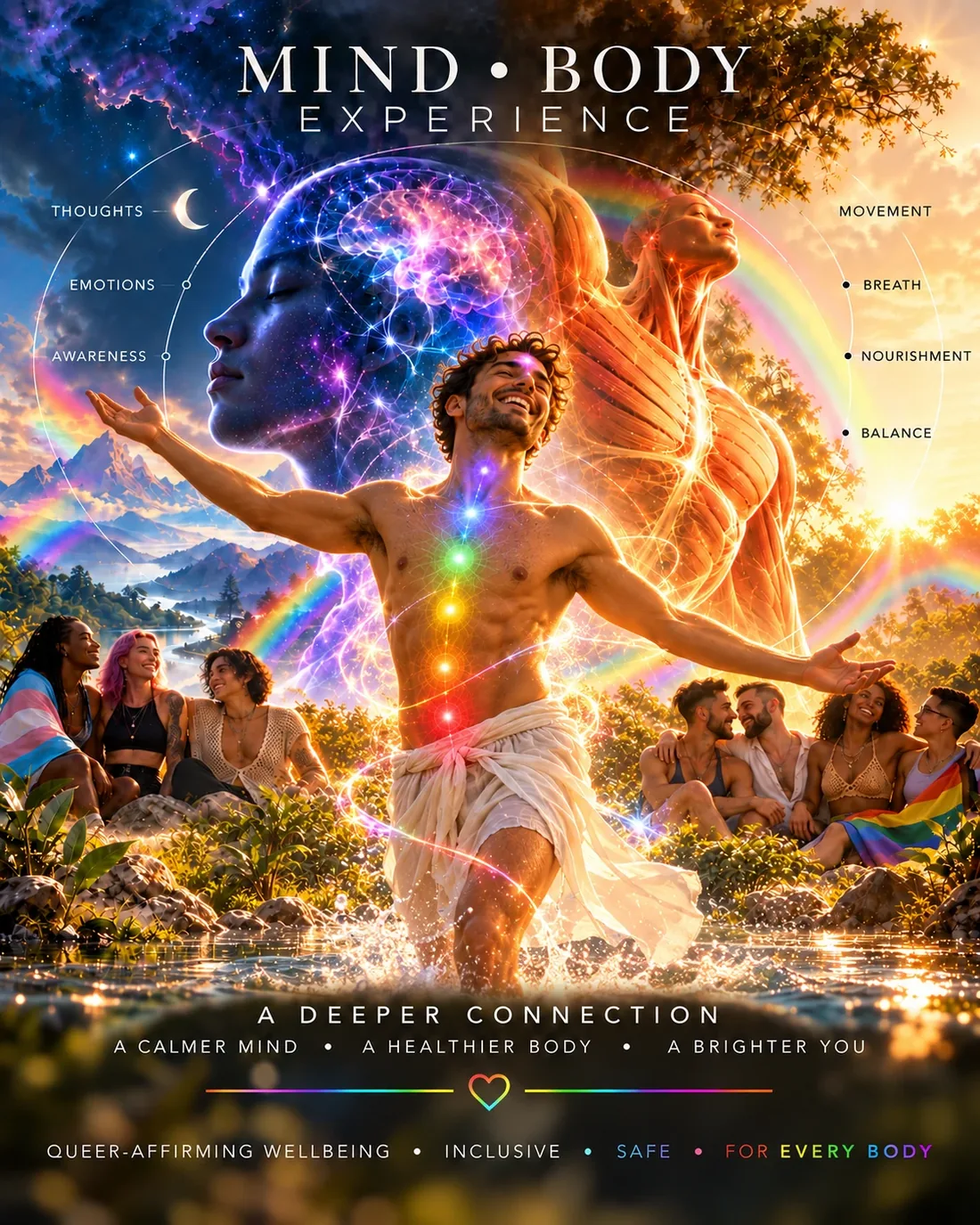 Mind Body Experience: a joyful man with open arms and glowing chakra points, stepping through water, with mind and body figures behind him and queer friends on either side