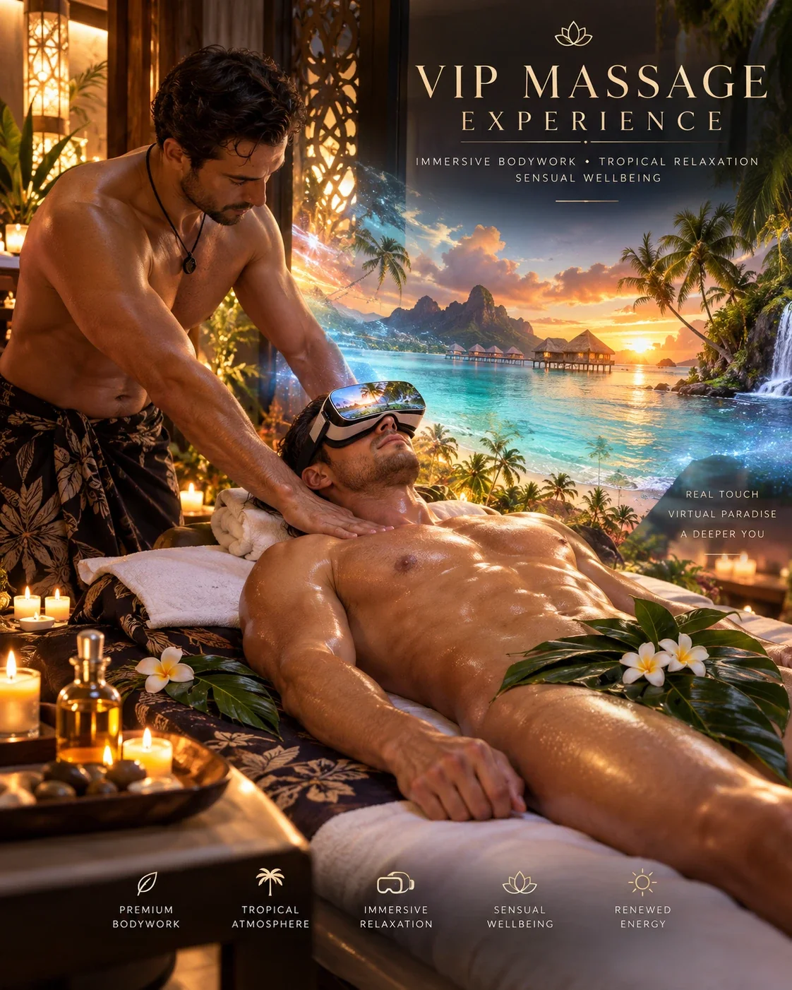 VIP Massage Experience: a practitioner massages a client wearing a VR headset, with a tropical lagoon at sunset in the background